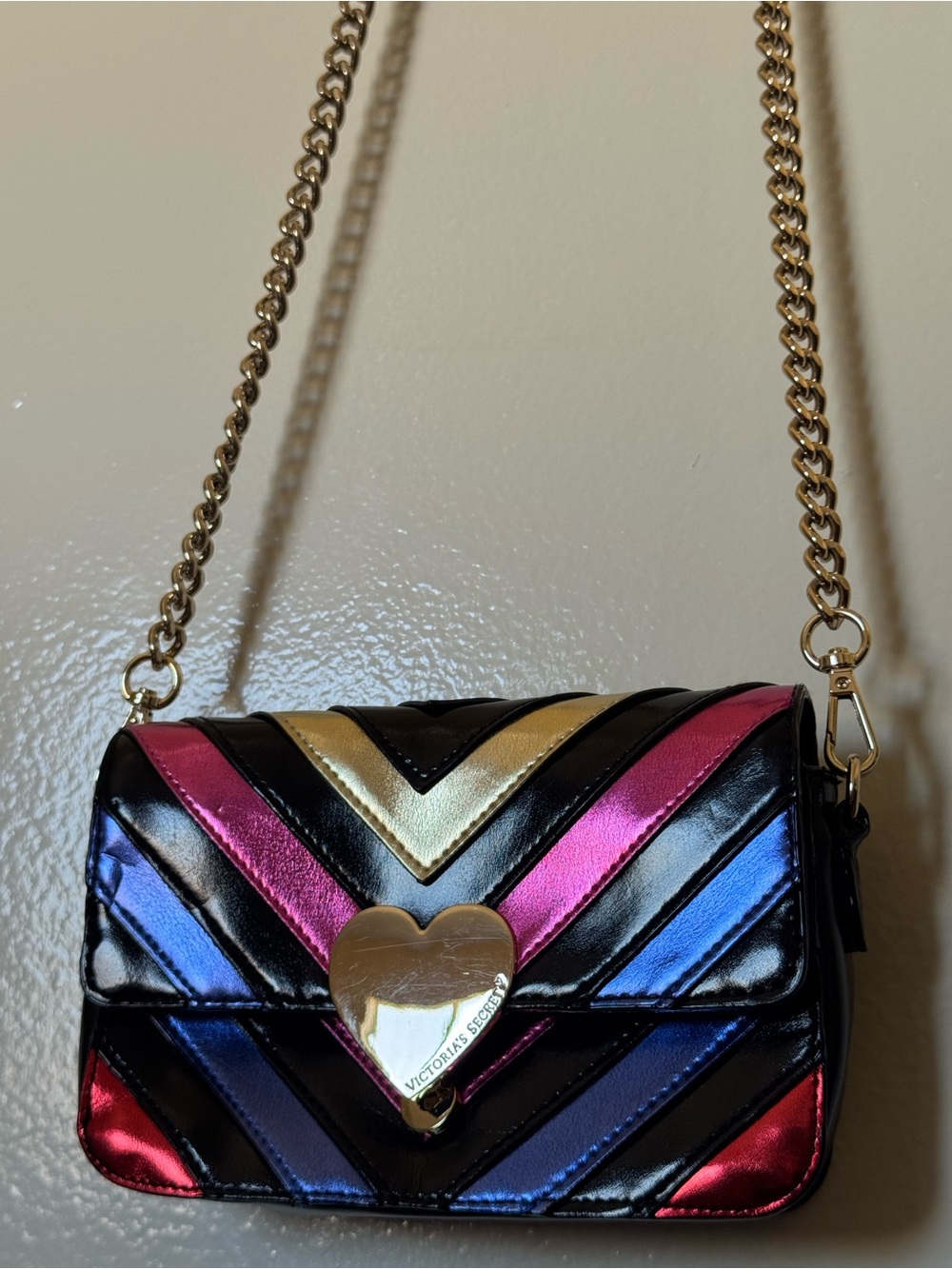 Victoria's Secret Black Crossbody with Metallic Pink, Blue & Gold Chevron